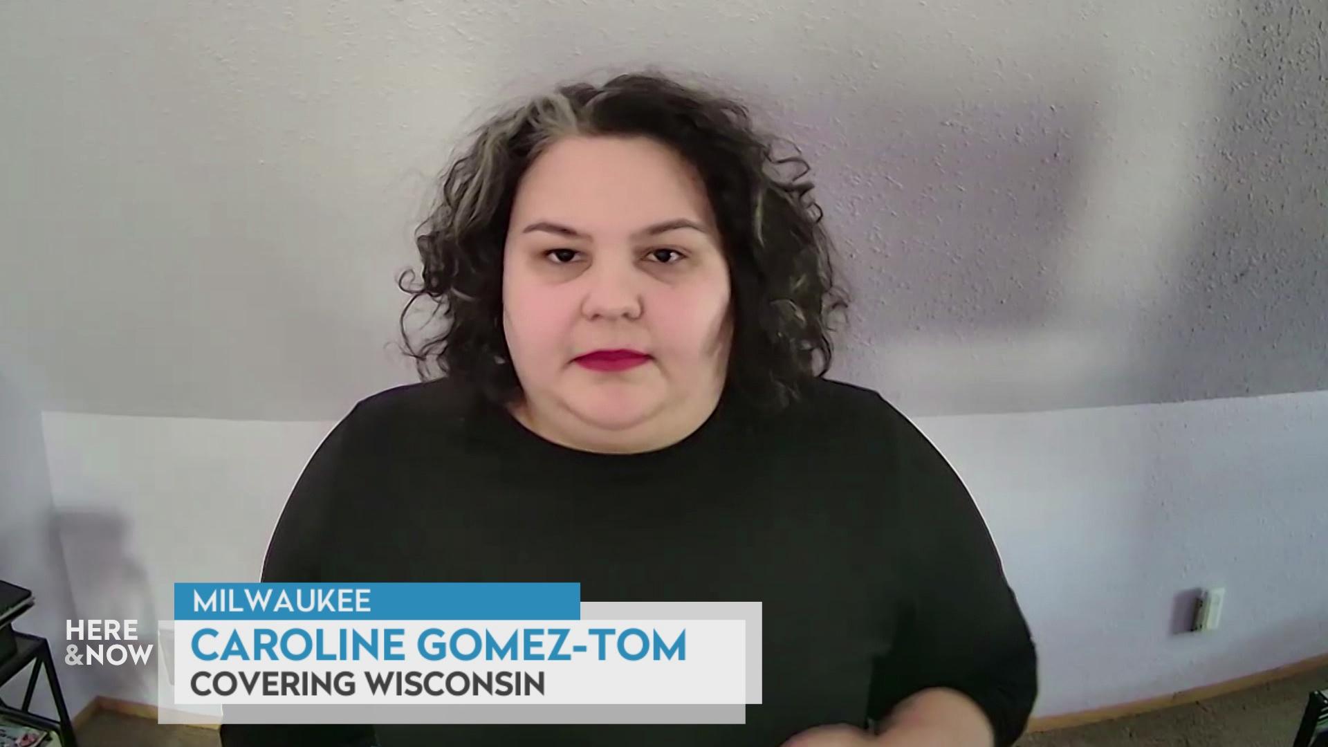 A still image from a video shows Caroline Gomez-Tom seated with a graphic at bottom reading 'Milwaukee,' 'Caroline Gomez-Tom' and 'Covering Wisconsin.'