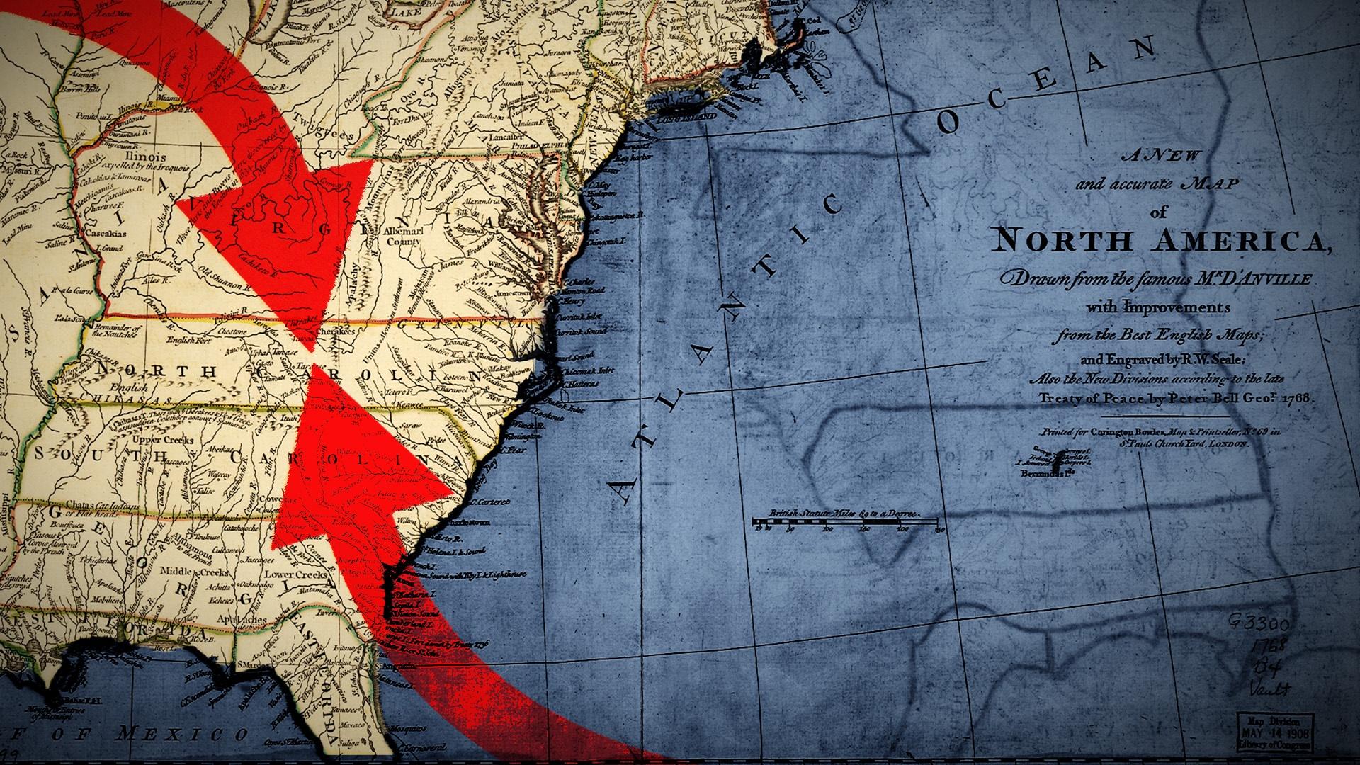A map of the East coast of the United States with two large red arrows pointing to the middle of South Carolina.