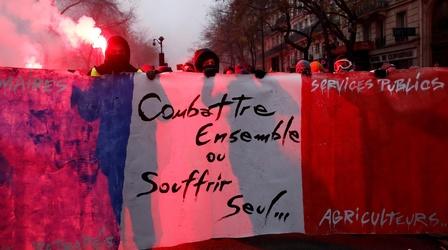 Video thumbnail: PBS NewsHour How French pension protests could threaten Macron’s agenda