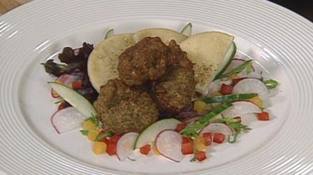 Video thumbnail: In Julia's Kitchen With Master Chefs Eggplant Falafel with Tahini Dressing with Monique Barbeau