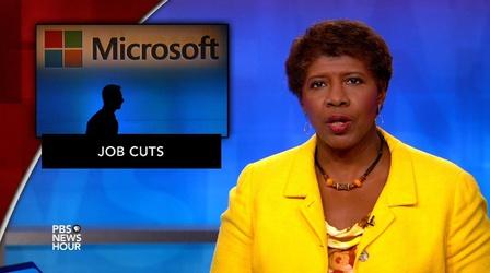 Video thumbnail: PBS NewsHour News Wrap: Microsoft cuts 7,800 jobs struggling phone sector
