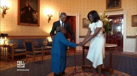 Video thumbnail: PBS NewsHour Watch a 106-year-old woman bust a move with the president