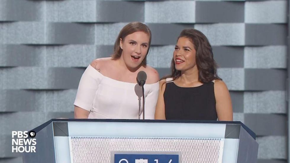 Actresses America Ferrera and Lena Dunham speak at DNC image