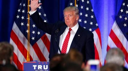 Video thumbnail: PBS NewsHour Trump reveals foreign policy; Clinton says he has 'no plan'