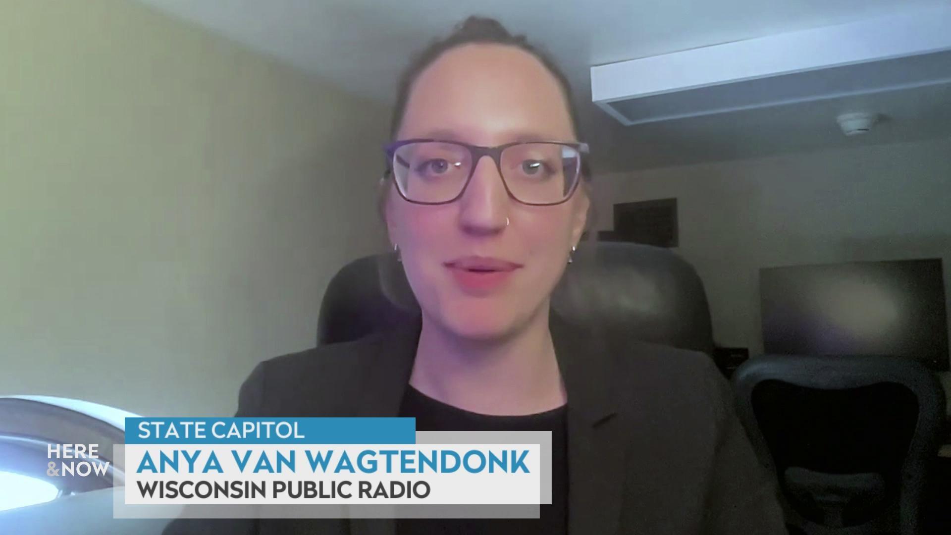A still image shows Anya van Wagtendonk seated in front of a television set, with a graphic at the bottom that reads 'State Capitol,' 'Anya van Wagtendonk' and 'Wisconsin Public Radio.'