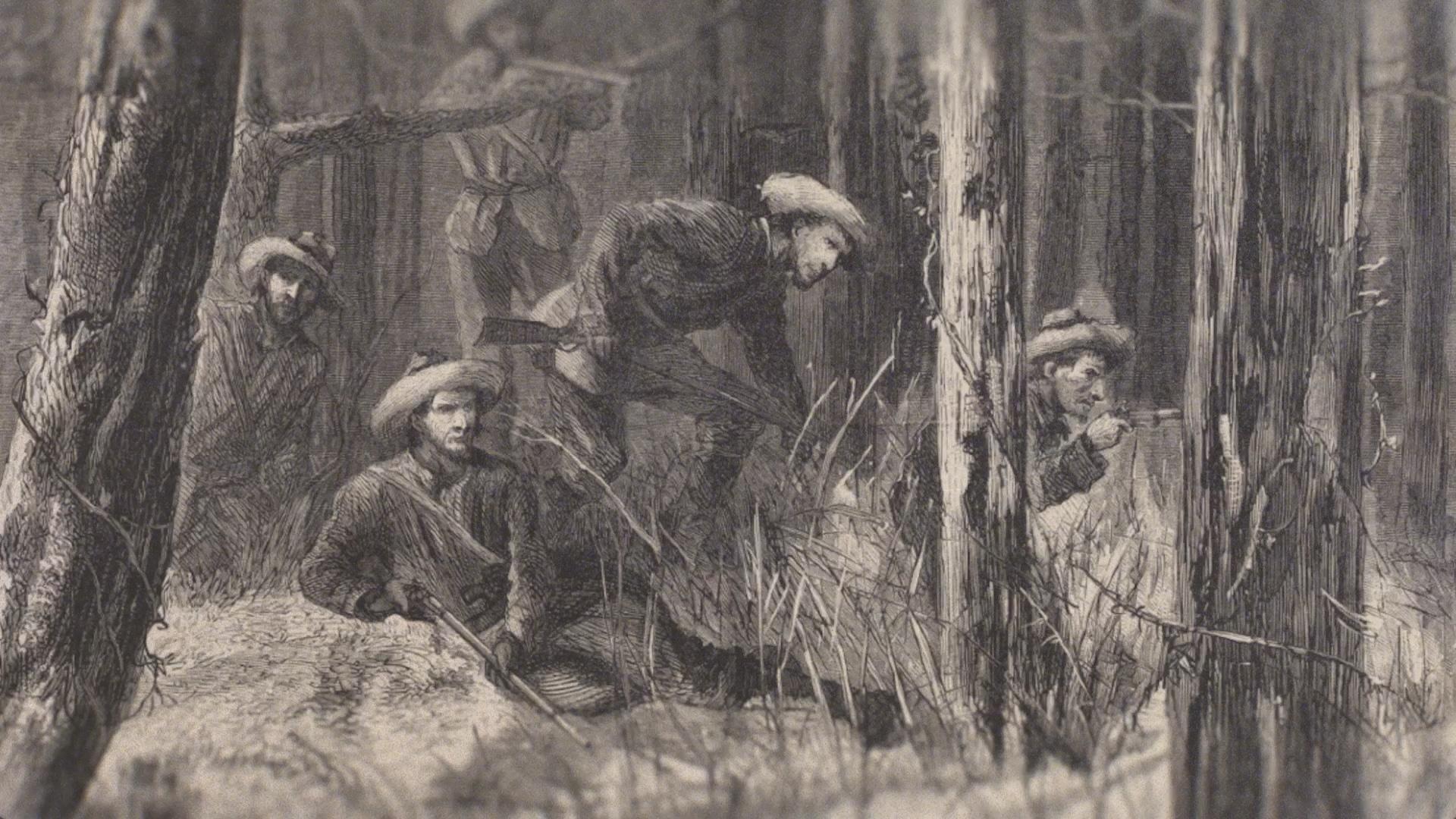 An archival image of Revolutionary era soldiers in the woods.