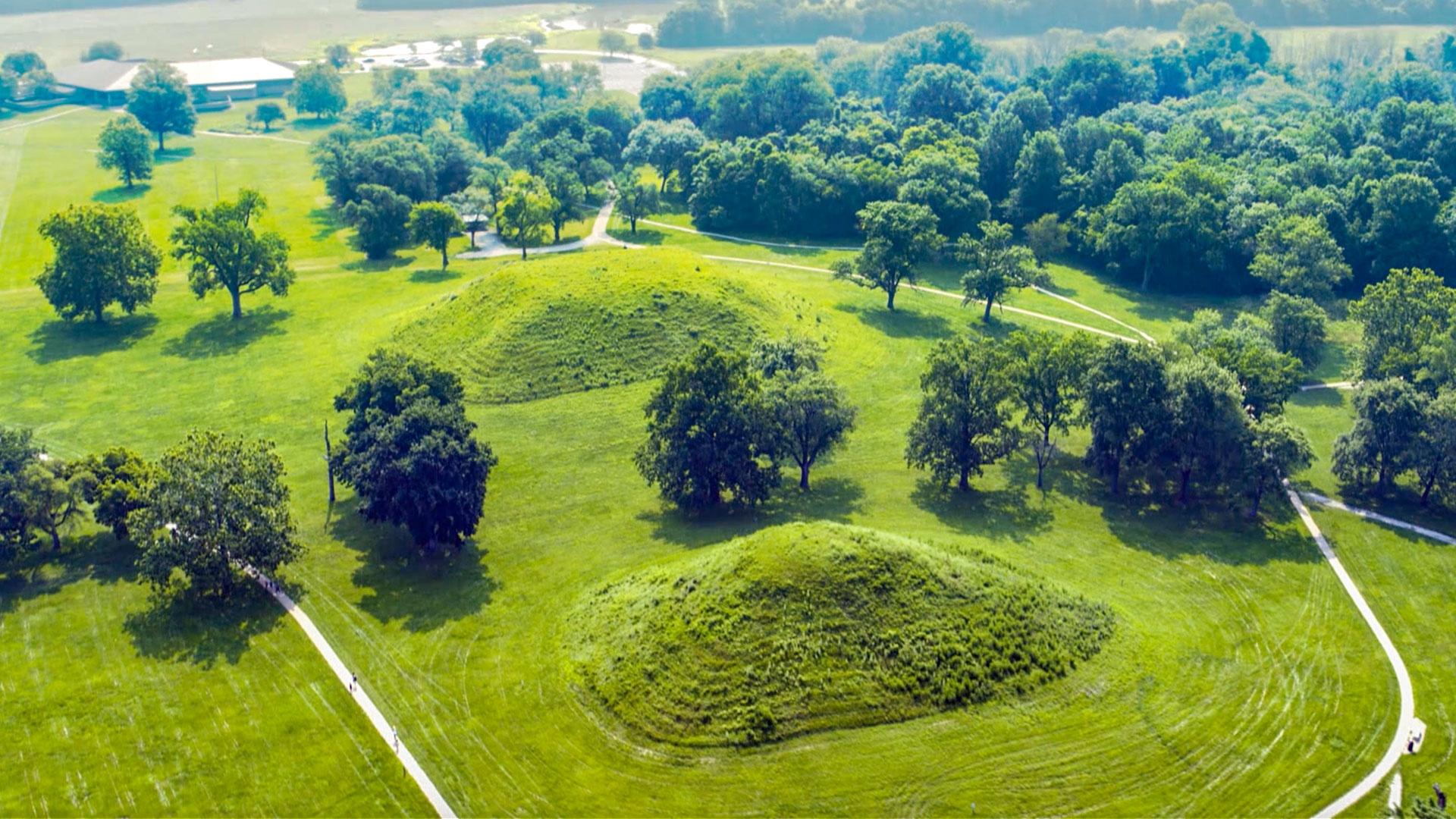 Two earthen mounds in Cahokia, Illinois as seen from the air