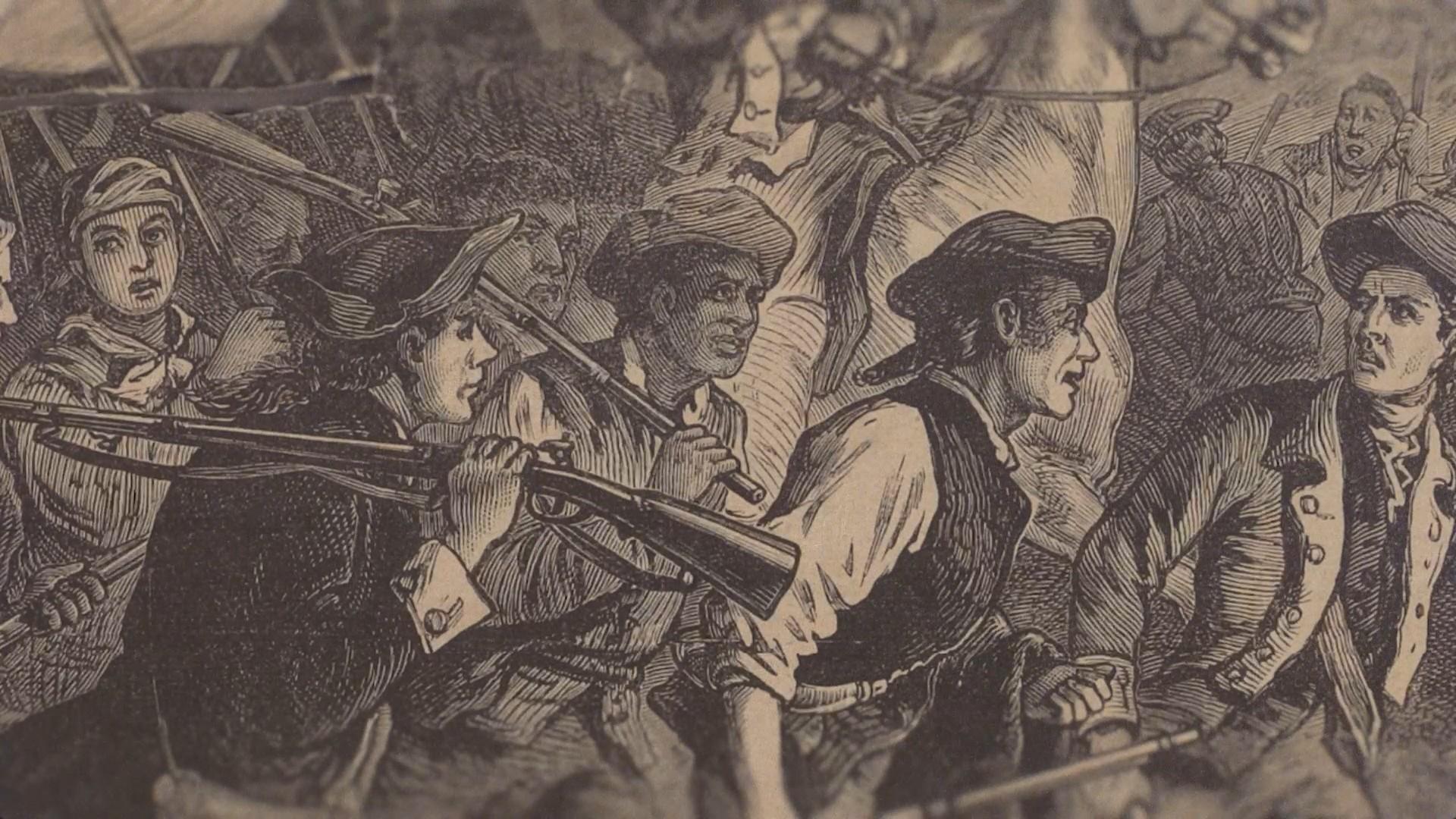 An archival sketch of Revolutionary soldiers in battle.
