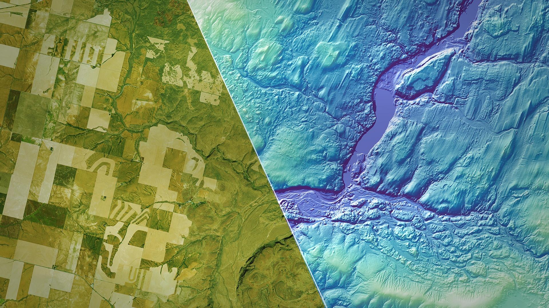 A split screen. The left is an aerial of green and tan farms. The right side is a blue toned map of rivers.